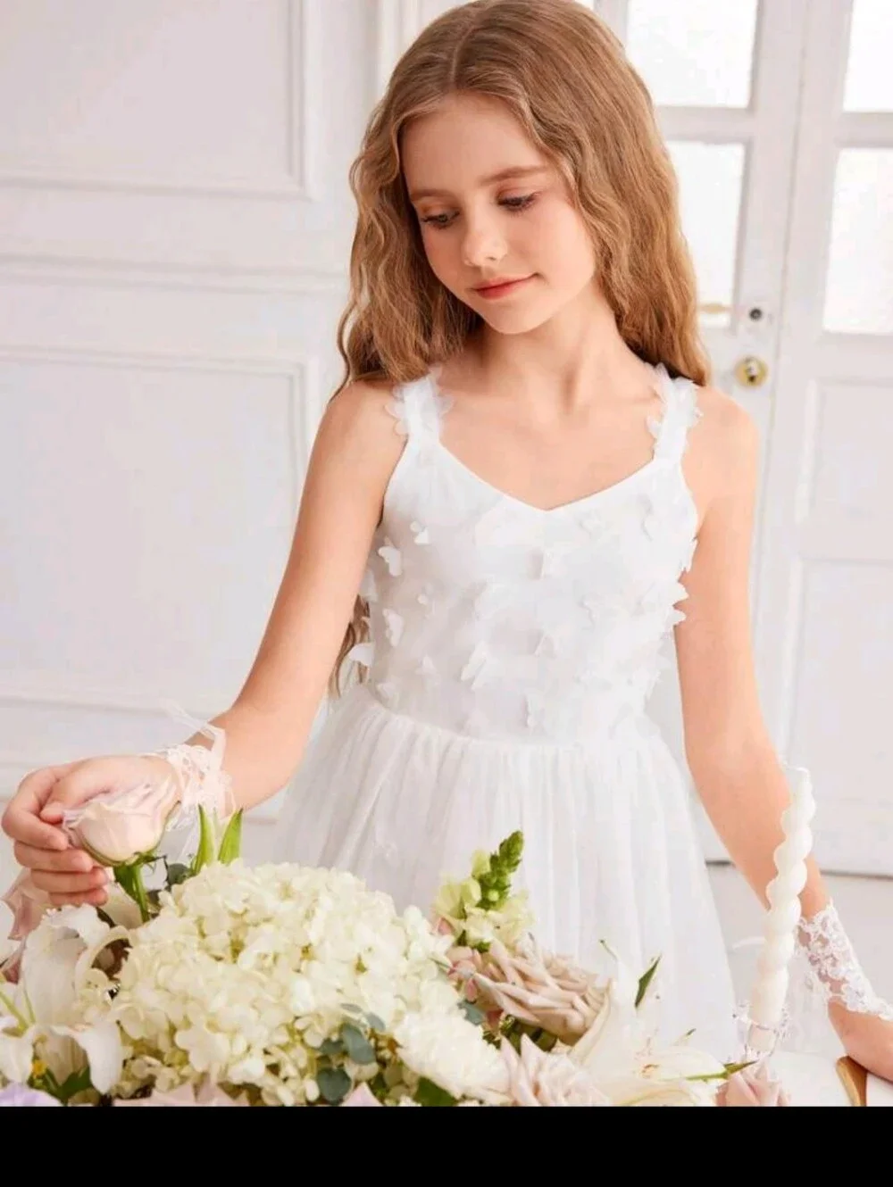 Tween Girls White Butterfly Tuelle Hi Low Dress (Size 8)